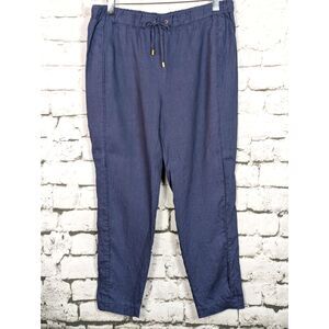 ELLEN TRACY 100% Linen Pant Pull-On Elastic Waist Lagenlook Summer Blue Large